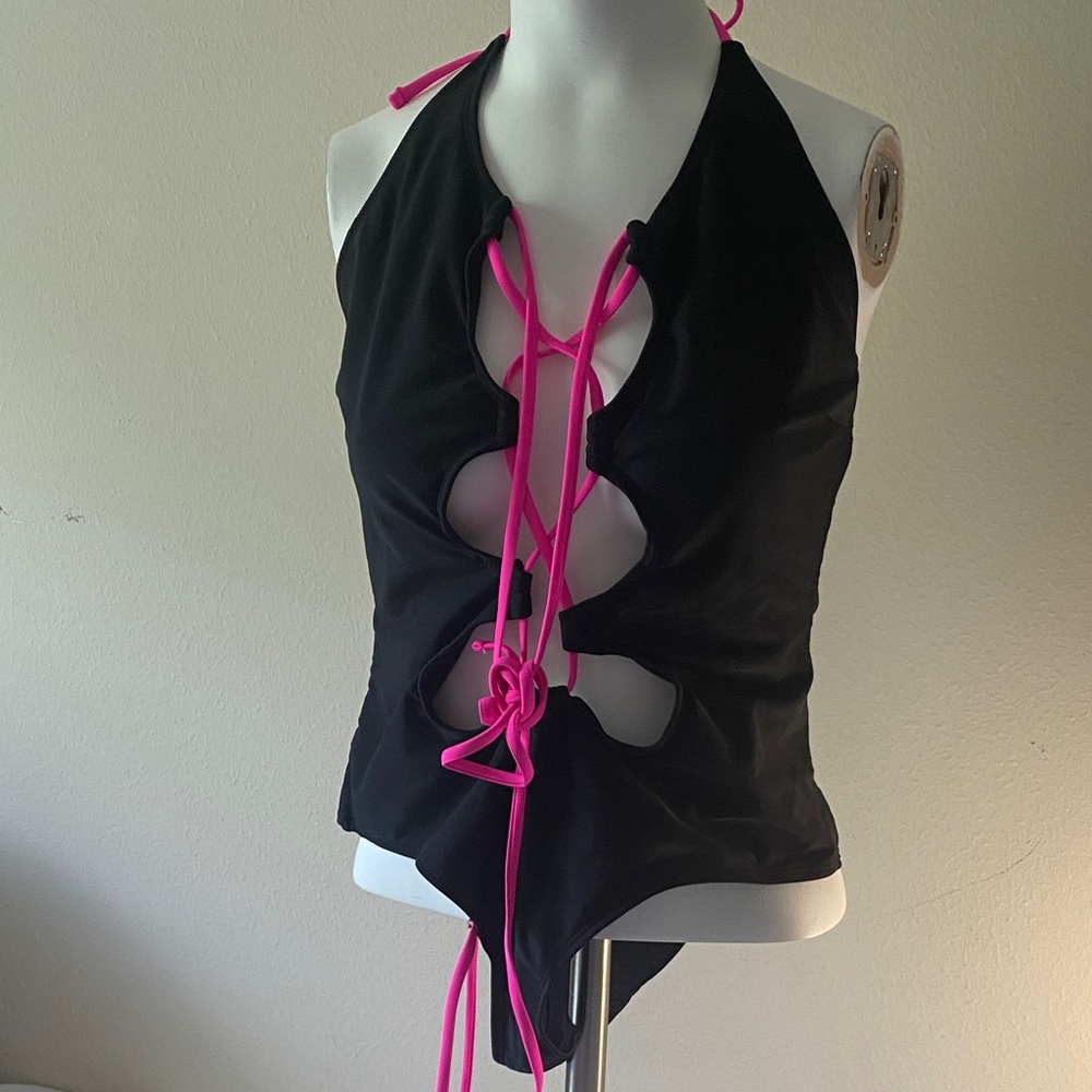 Chic Black Swimsuit with Pink Lace-Up
